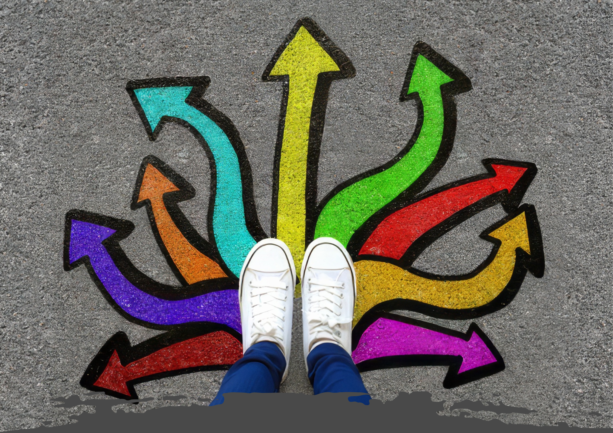 Person standing with feet on a pavement, surrounded by colourful arrows pointing in various directions, symbolising multiple choices or pathways.