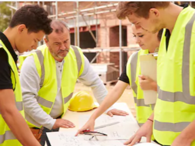young people in high vis jackets on a building site looking at plans