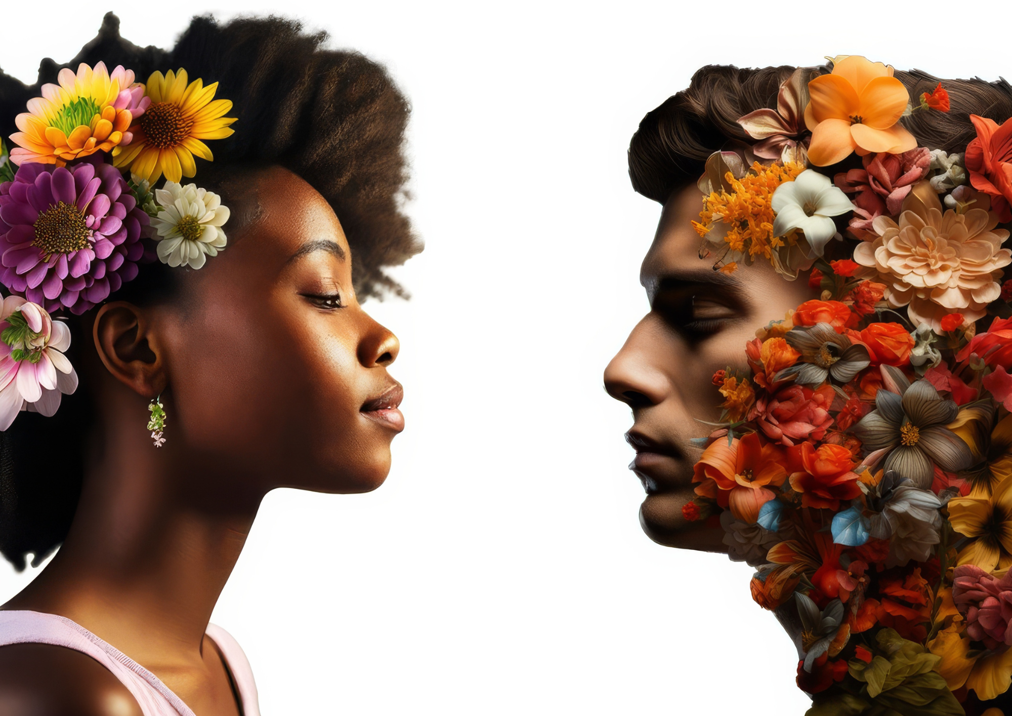 Artistic portrait of two people with floral designs