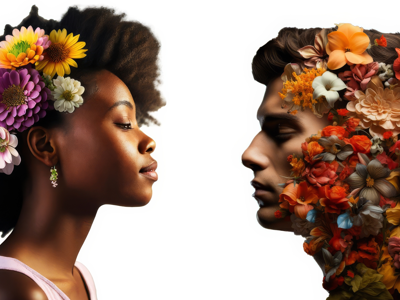 Artistic portrait of two people with floral designs