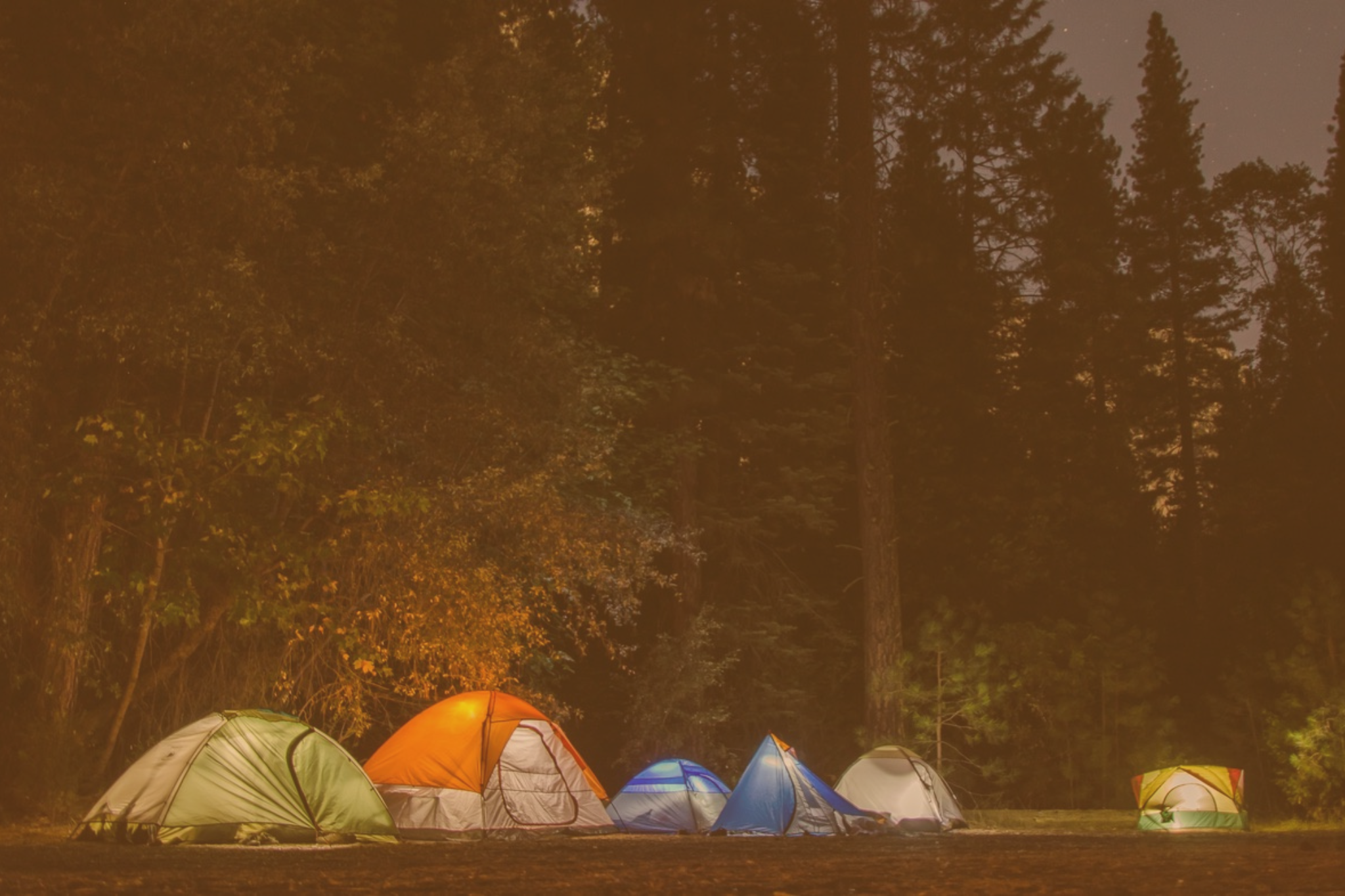 Pitched tents on a camp site in the evening
