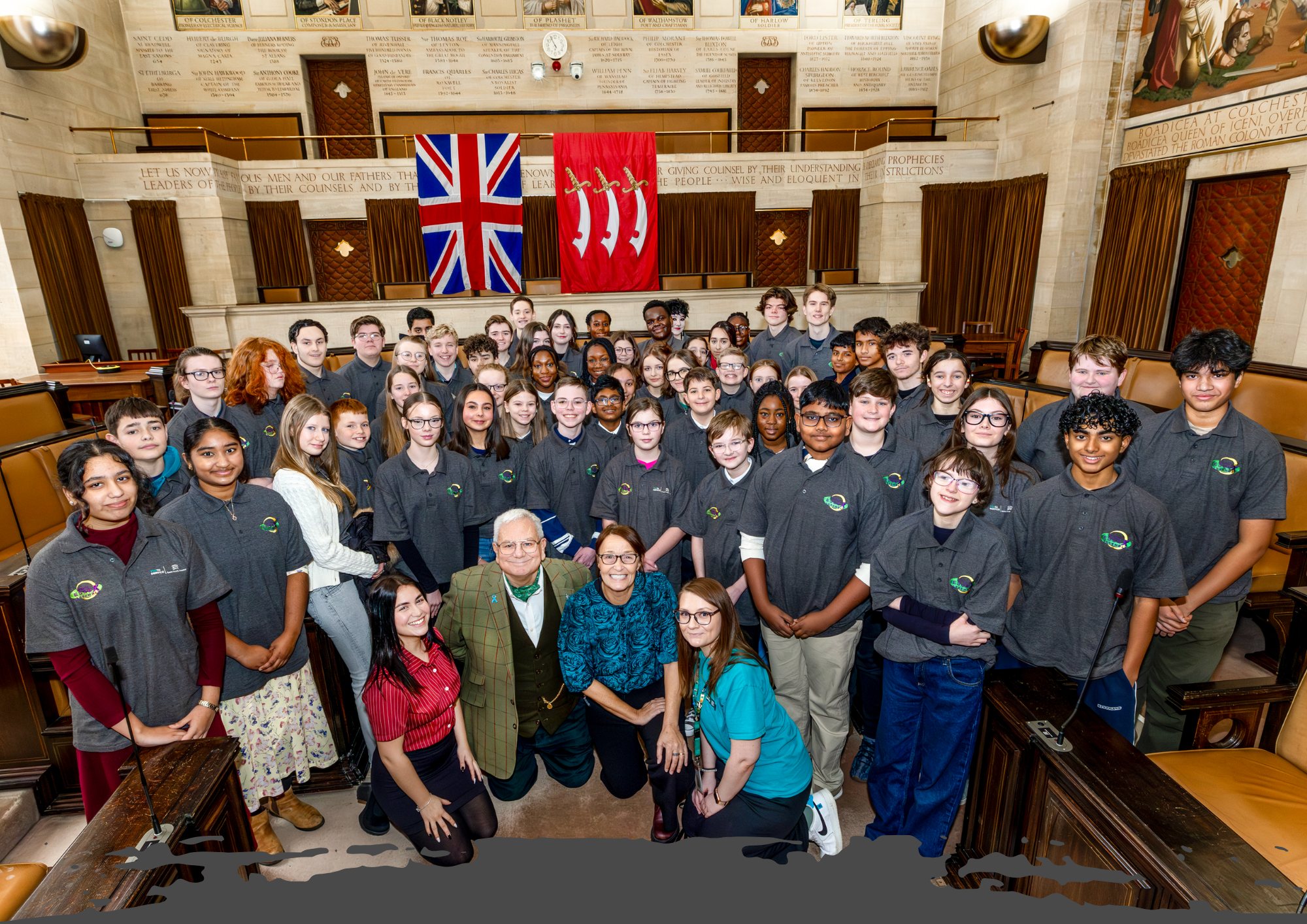 Group photo of the Young Essex Assembly members and staff gathered in a formal setting.