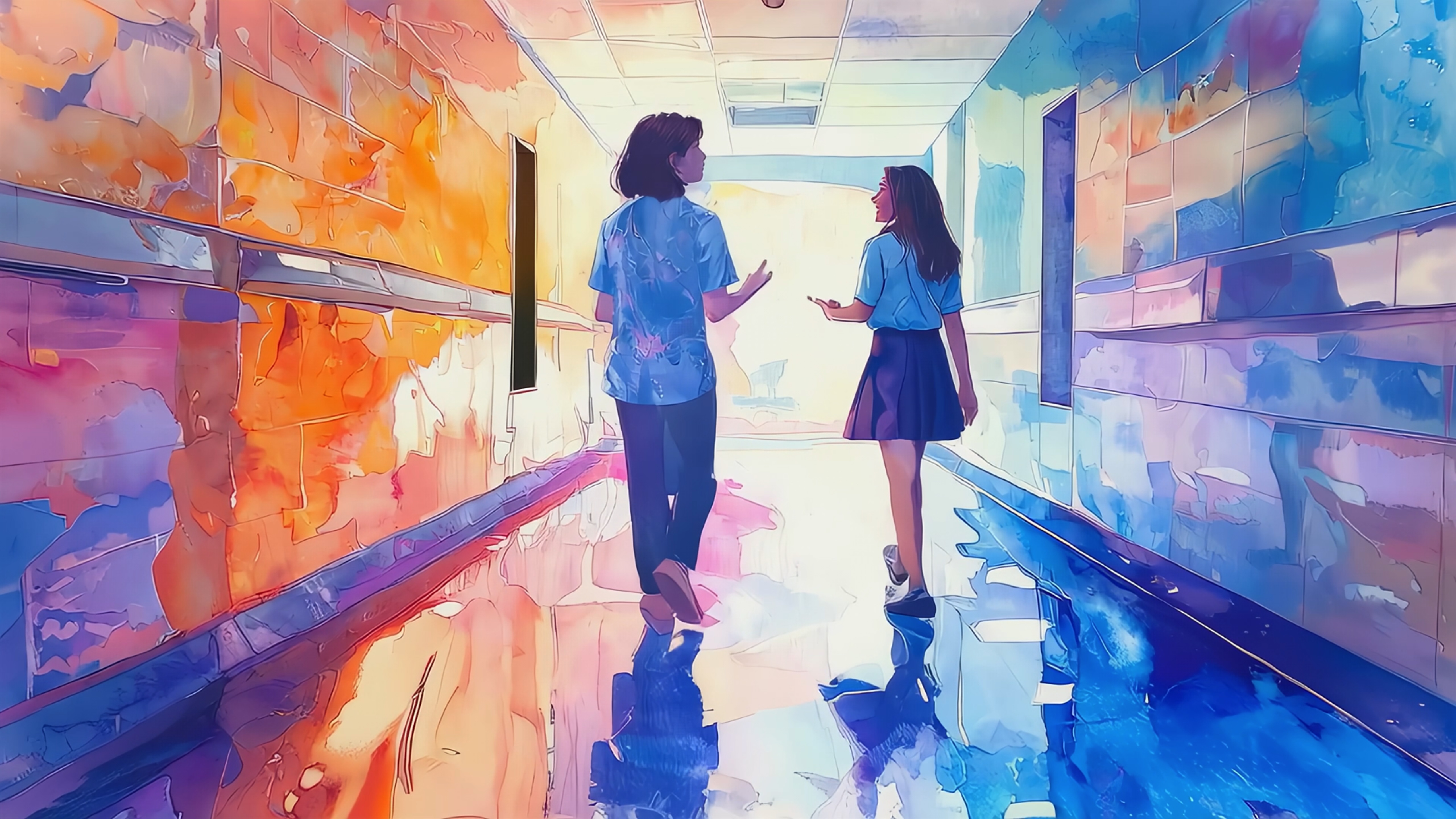 Watercolour style representation of two people walking and chatting through a subway